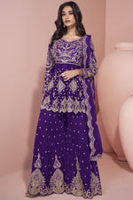 Dark Blue Georgette Palazzo Suit For Indian Wedding & Pakistani Festival - Embroidery Work