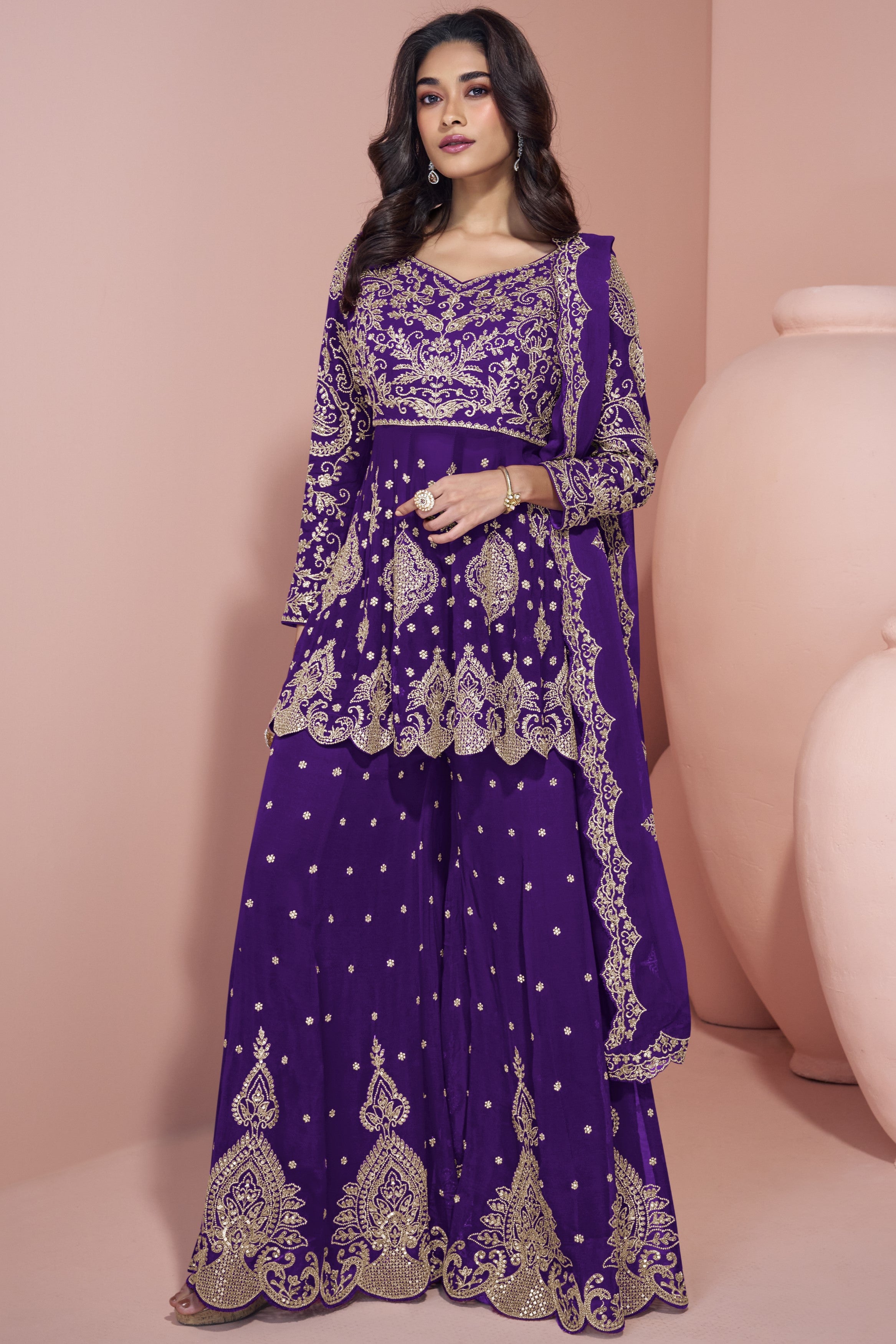 Dark Blue Georgette Palazzo Suit For Indian Wedding & Pakistani Festival - Embroidery Work