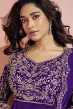 Dark Blue Georgette Palazzo Suit For Indian Wedding & Pakistani Festival - Embroidery Work