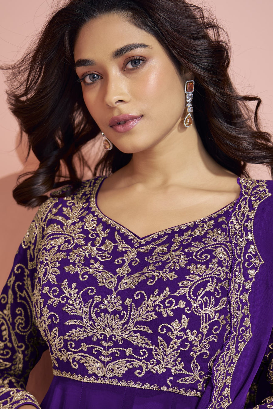 Dark Blue Georgette Palazzo Suit For Indian Wedding & Pakistani Festival - Embroidery Work