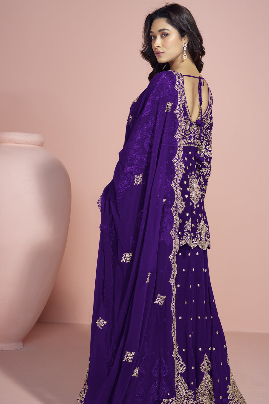 Dark Blue Georgette Palazzo Suit For Indian Wedding & Pakistani Festival - Embroidery Work