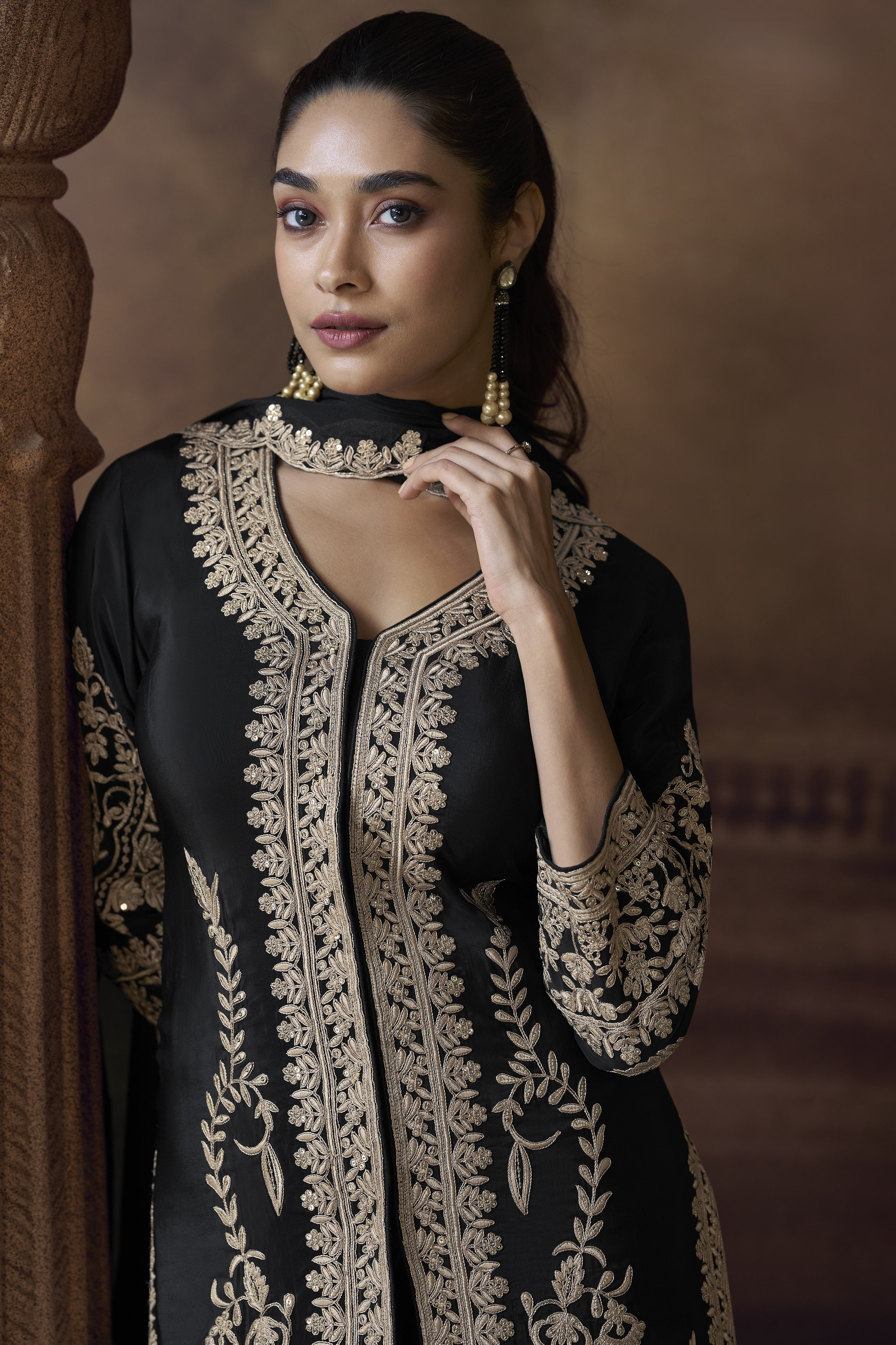 Black Chinon Silk Kameez with Pant For Indian Festivals & Weddings - Embroidery Work