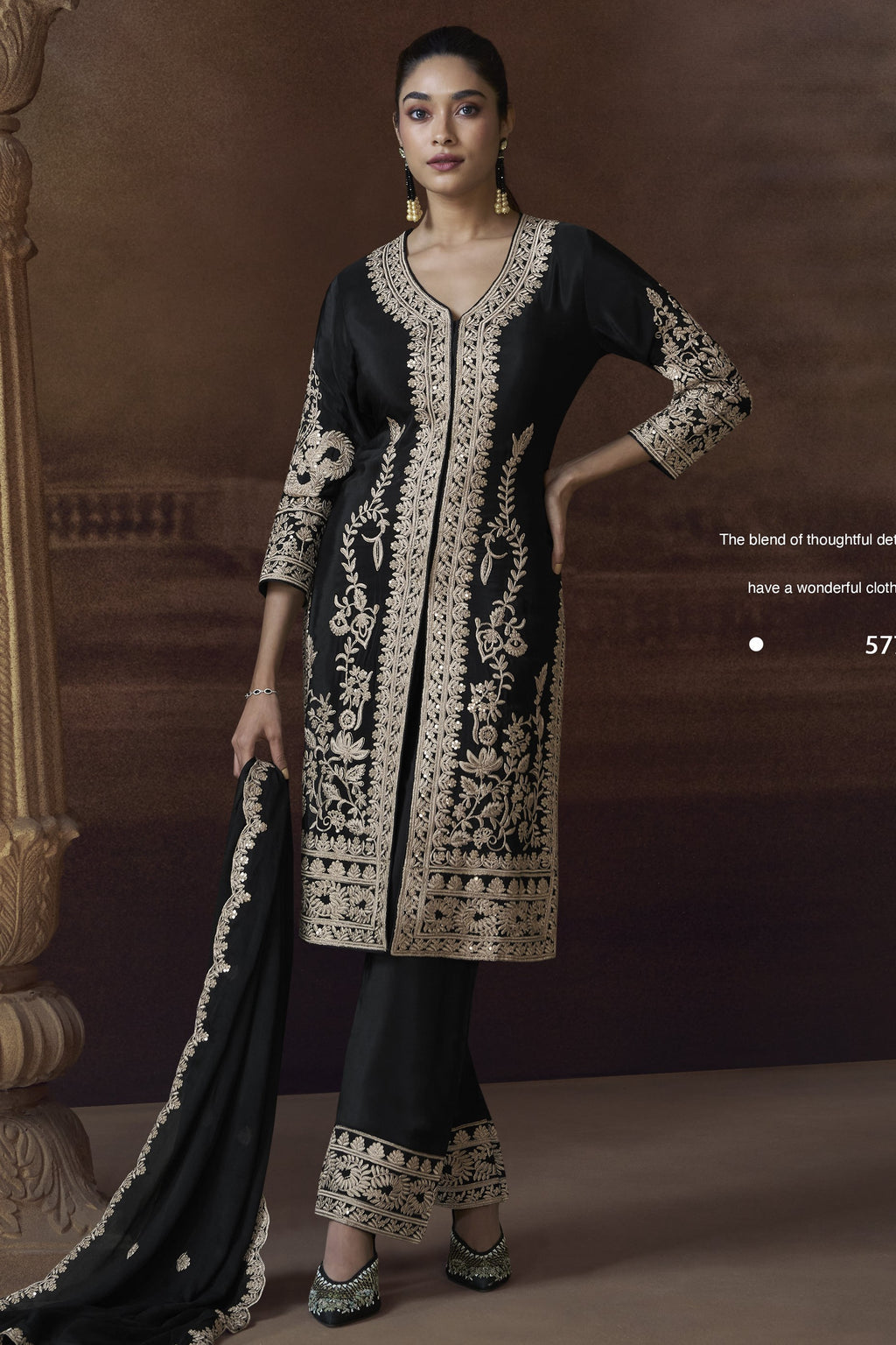 Black Chinon Silk Kameez with Pant For Indian Festivals & Weddings - Embroidery Work