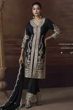 Black Chinon Silk Kameez with Pant For Indian Festivals & Weddings - Embroidery Work