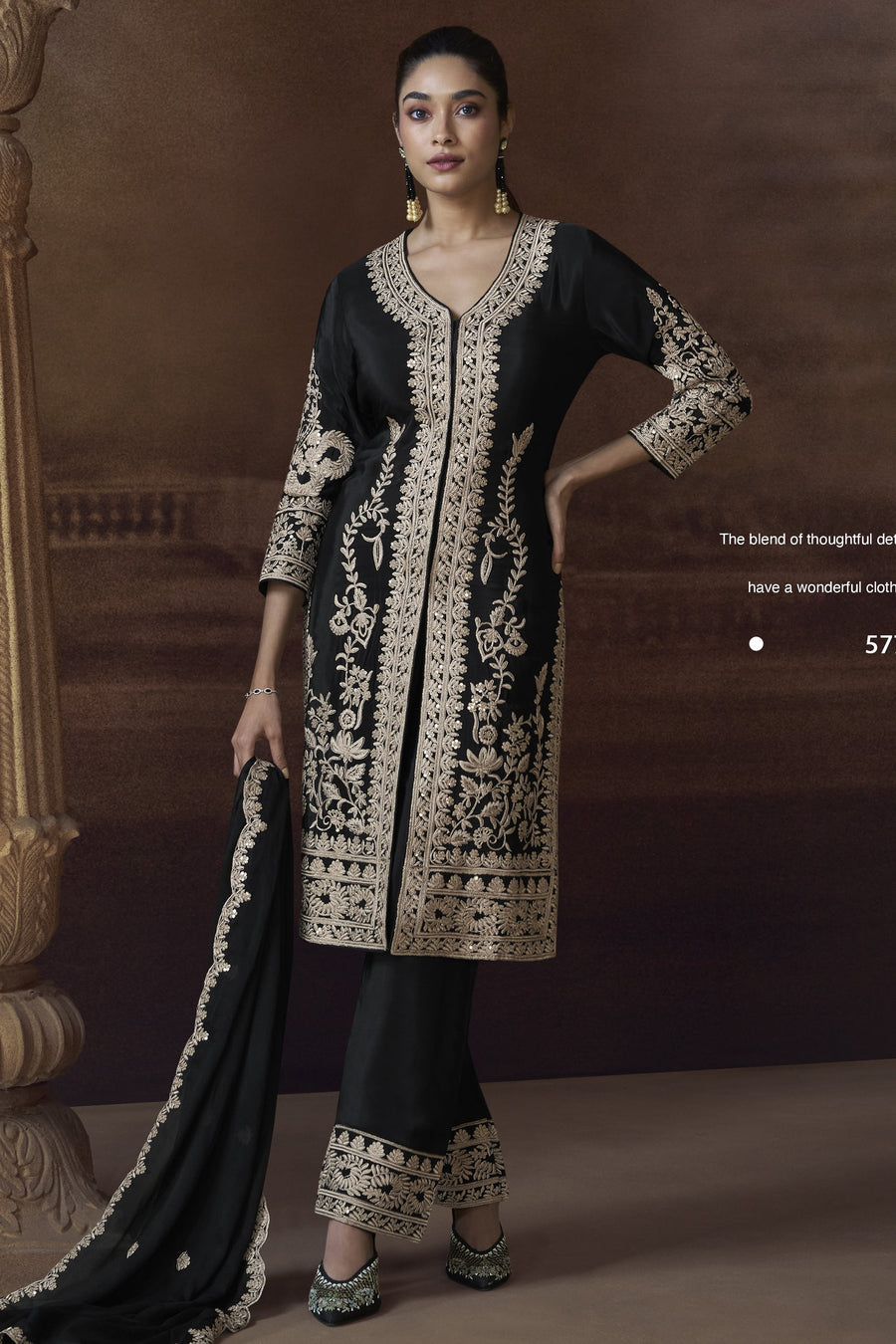 Black Chinon Silk Kameez with Pant For Indian Festivals & Weddings - Embroidery Work