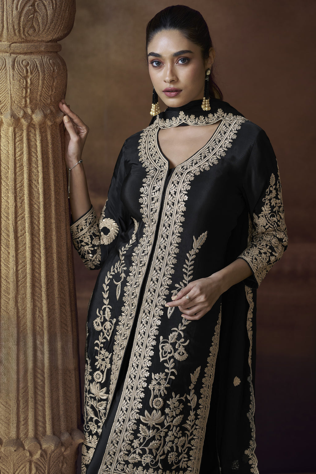 Black Chinon Silk Kameez with Pant For Indian Festivals & Weddings - Embroidery Work