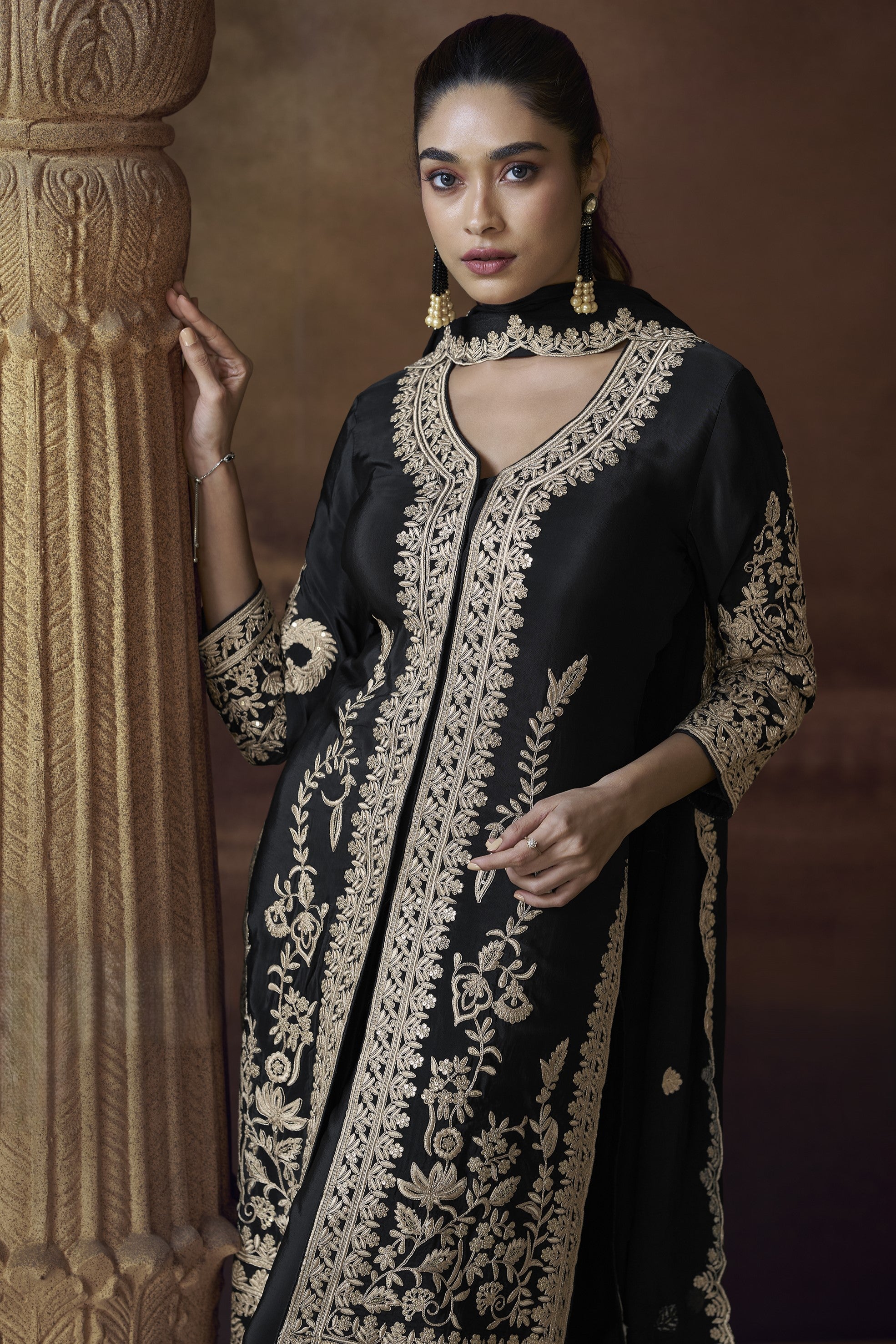Black Chinon Silk Kameez with Pant For Indian Festivals & Weddings - Embroidery Work