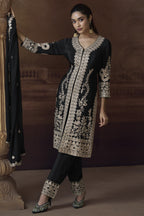 Black Chinon Silk Kameez with Pant For Indian Festivals & Weddings - Embroidery Work