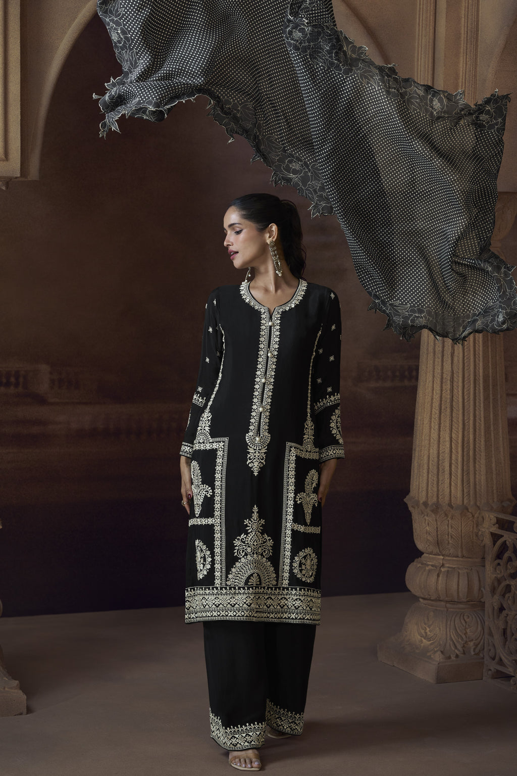 Black Chinon Silk Kameez with Pant For Indian Festivals & Weddings - Embroidery Work