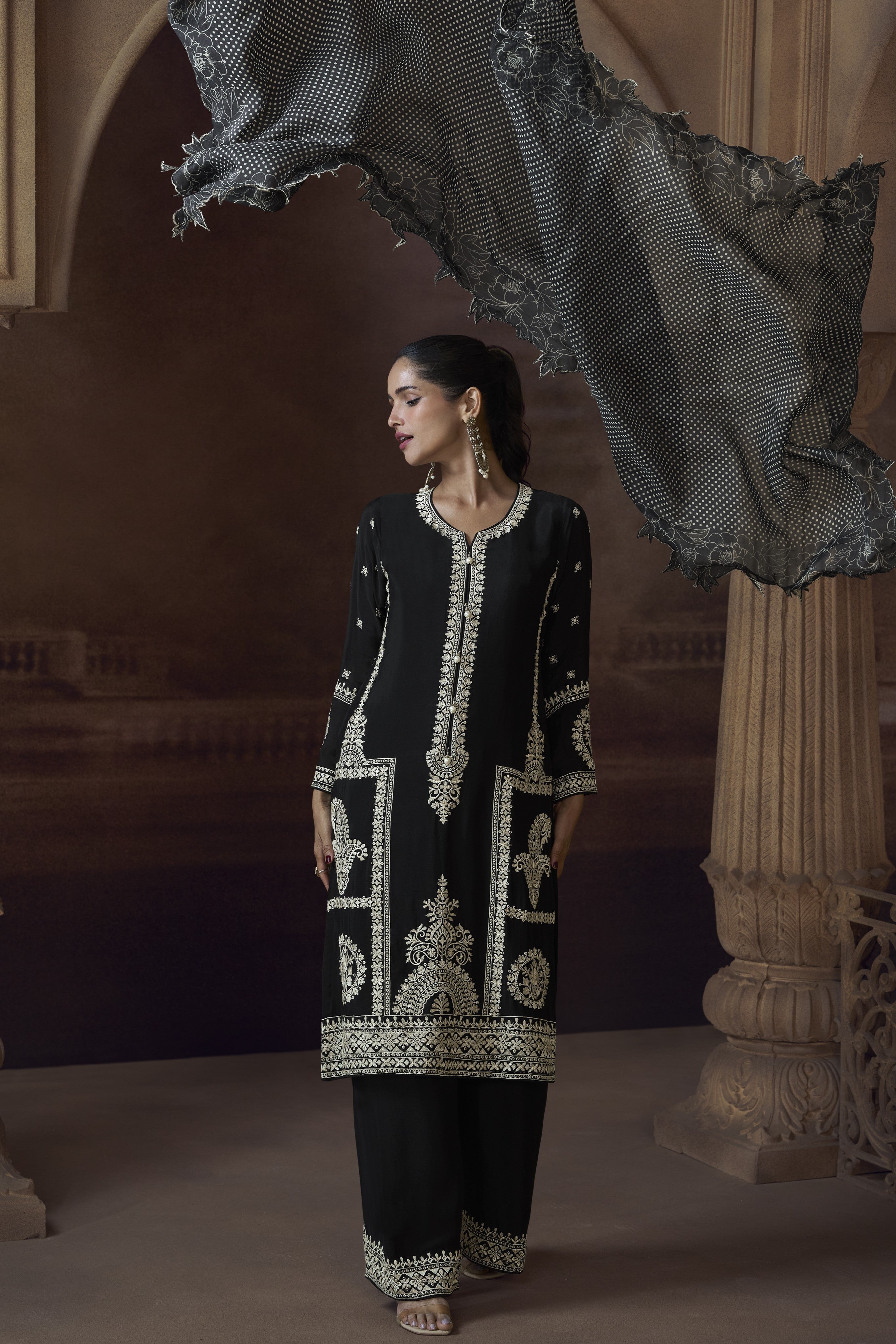 Black Chinon Silk Kameez with Pant For Indian Festivals & Weddings - Embroidery Work