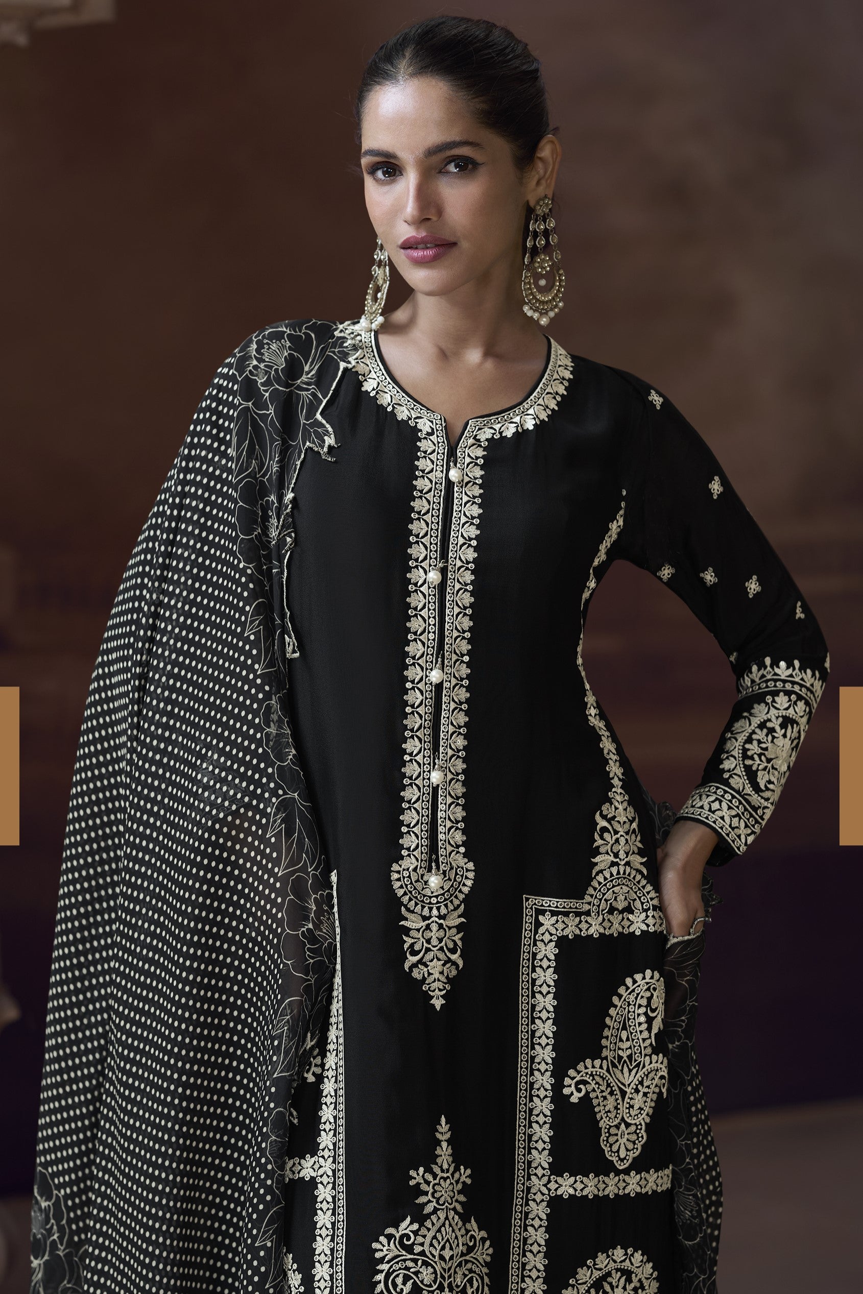 Black Chinon Silk Kameez with Pant For Indian Festivals & Weddings - Embroidery Work
