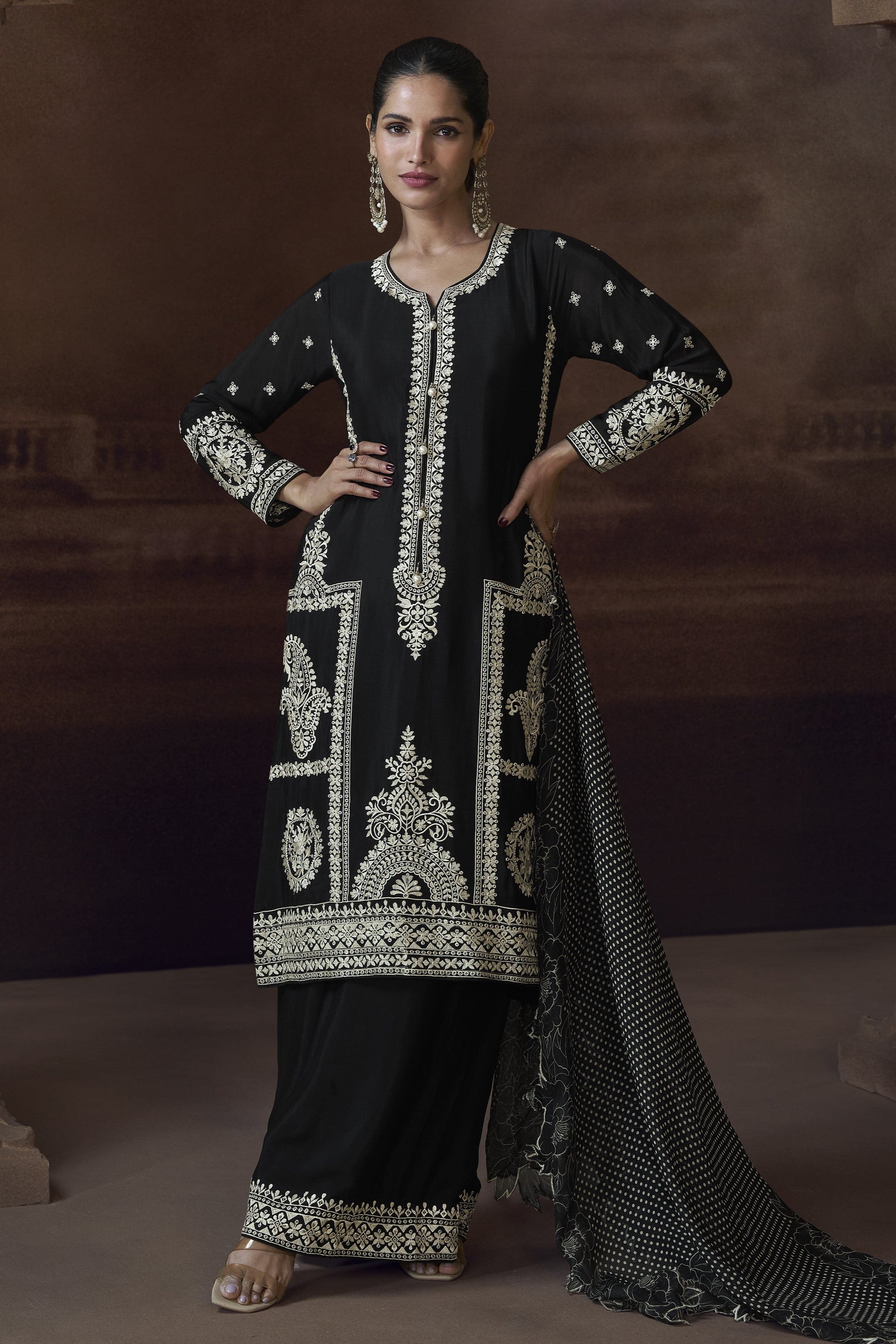 Black Chinon Silk Kameez with Pant For Indian Festivals & Weddings - Embroidery Work