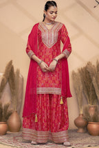 Red Chinon Silk Palazzo Suit For Indian Wedding & Pakistani Festival - Embroidery Work, Print Work, Mirror Work