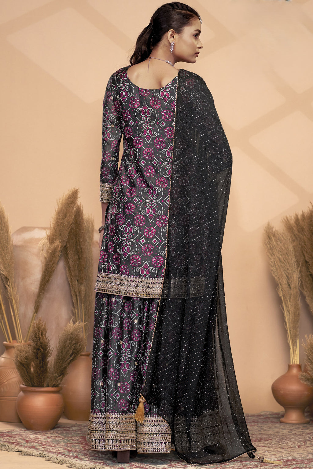 Black Chinon Silk Palazzo Suit For Indian Wedding & Pakistani Festival - Embroidery Work, Print Work, Mirror Work