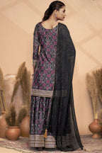 Black Chinon Silk Palazzo Suit For Indian Wedding & Pakistani Festival - Embroidery Work, Print Work, Mirror Work