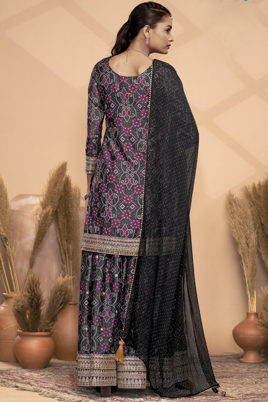 Black Chinon Silk Palazzo Suit For Indian Wedding & Pakistani Festival - Embroidery Work, Print Work, Mirror Work