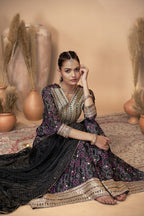 Black Chinon Silk Palazzo Suit For Indian Wedding & Pakistani Festival - Embroidery Work, Print Work, Mirror Work