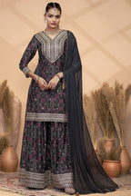 Black Chinon Silk Palazzo Suit For Indian Wedding & Pakistani Festival - Embroidery Work, Print Work, Mirror Work