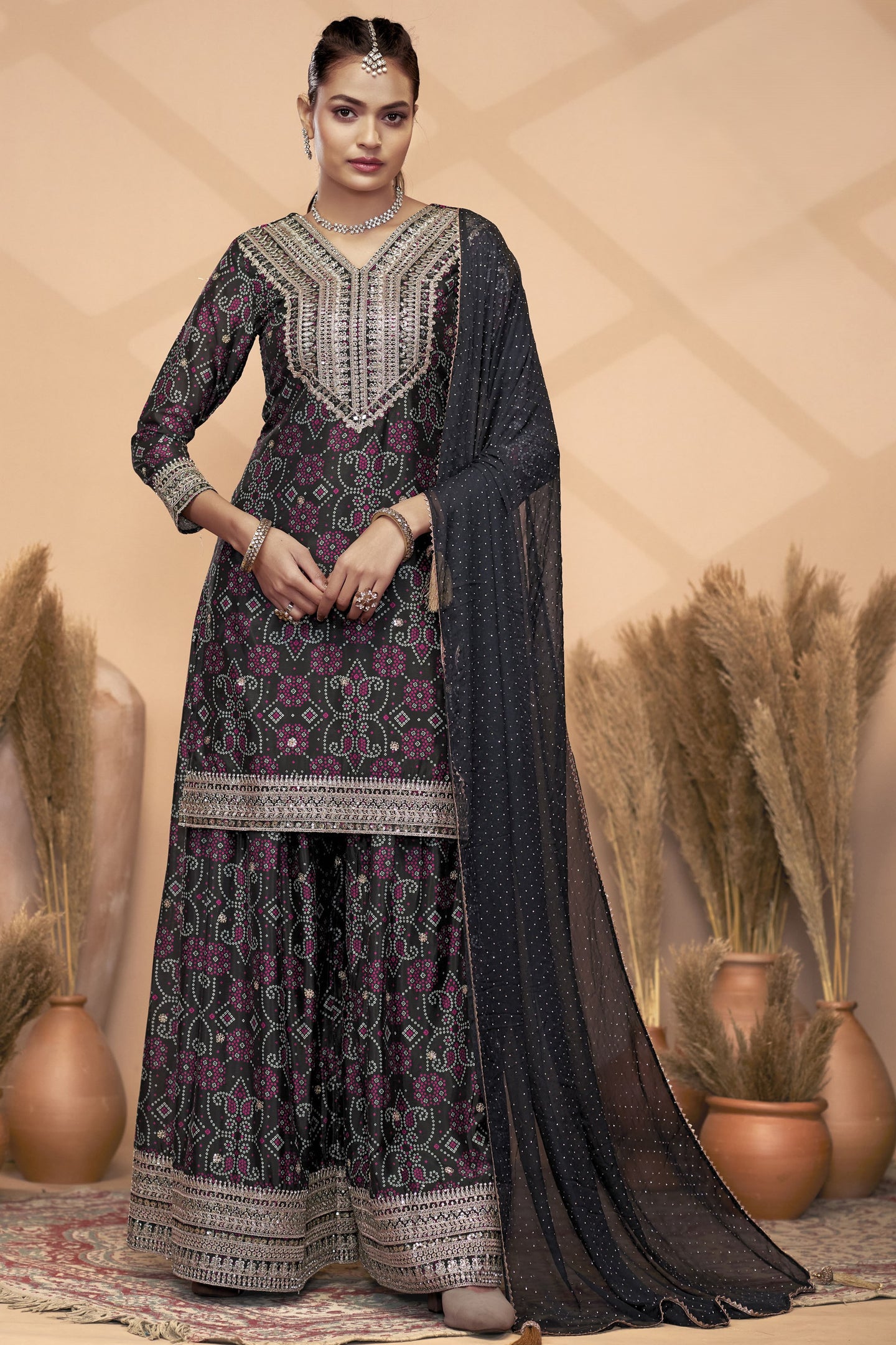 Black Chinon Silk Palazzo Suit For Indian Wedding & Pakistani Festival - Embroidery Work, Print Work, Mirror Work