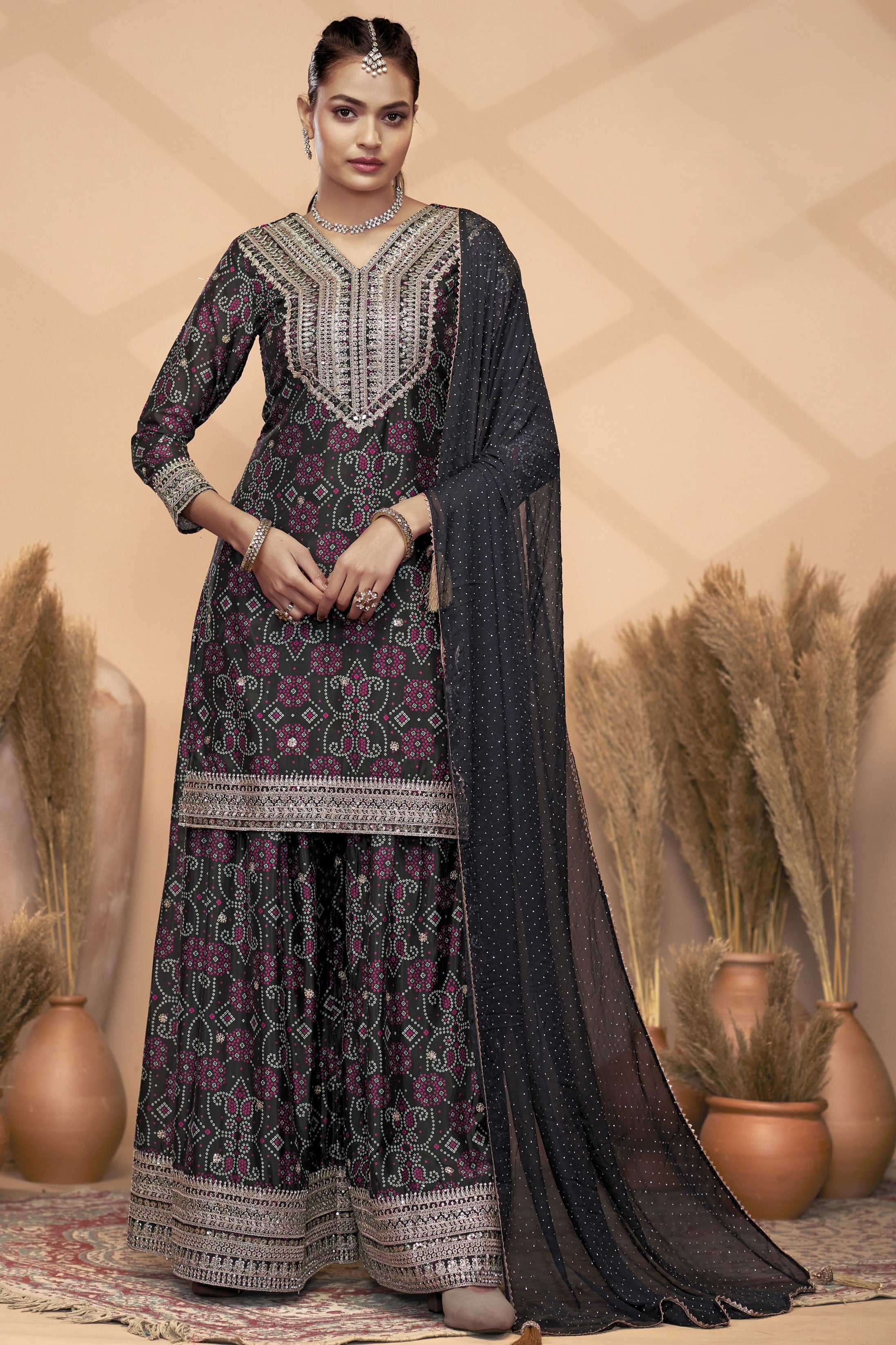 Black Chinon Silk Palazzo Suit For Indian Wedding & Pakistani Festival - Embroidery Work, Print Work, Mirror Work