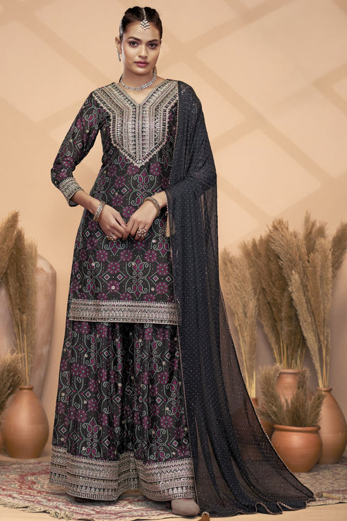 Black Chinon Silk Palazzo Suit For Indian Wedding & Pakistani Festival - Embroidery Work, Print Work, Mirror Work