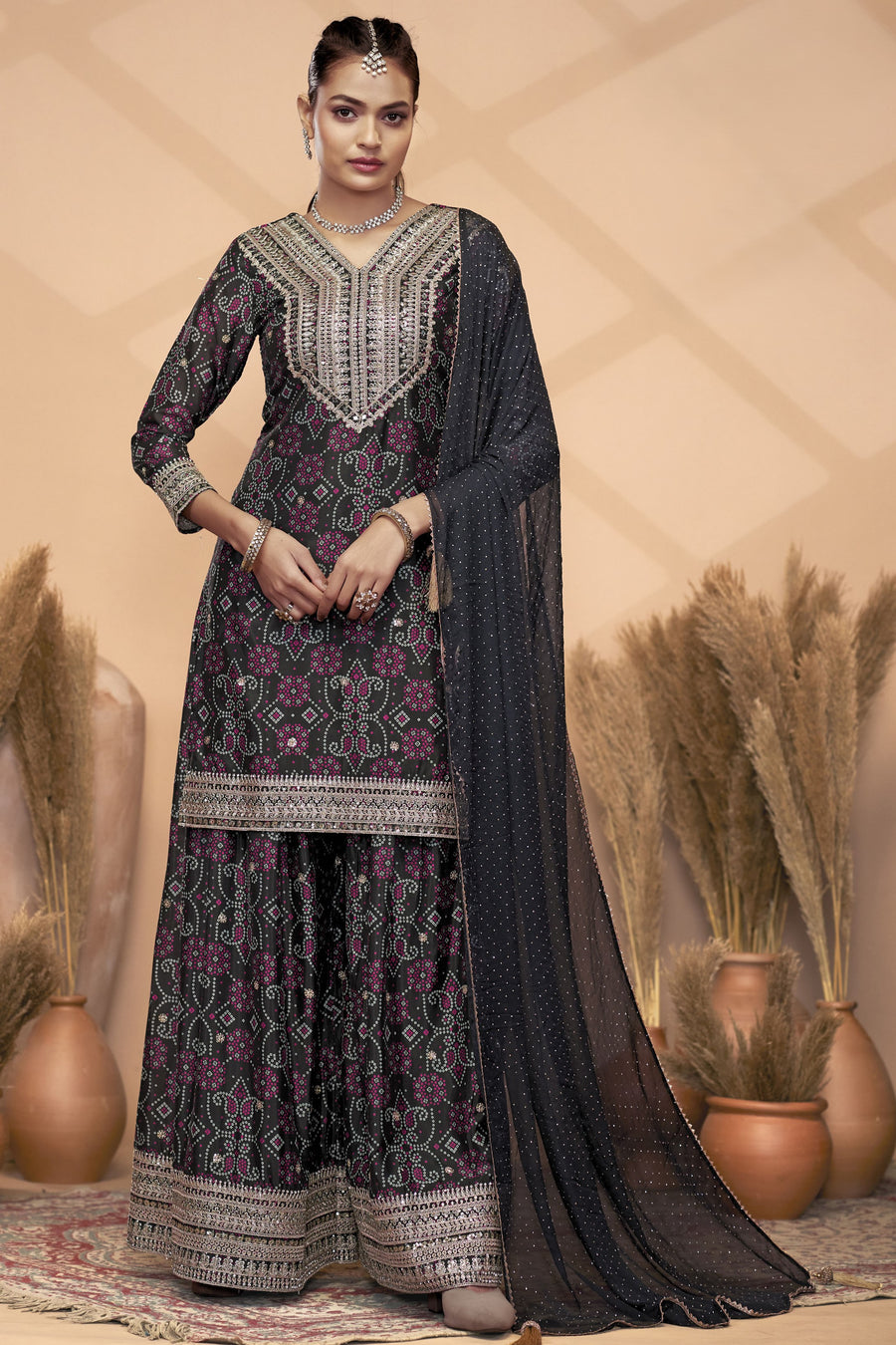 Black Chinon Silk Palazzo Suit For Indian Wedding & Pakistani Festival - Embroidery Work, Print Work, Mirror Work