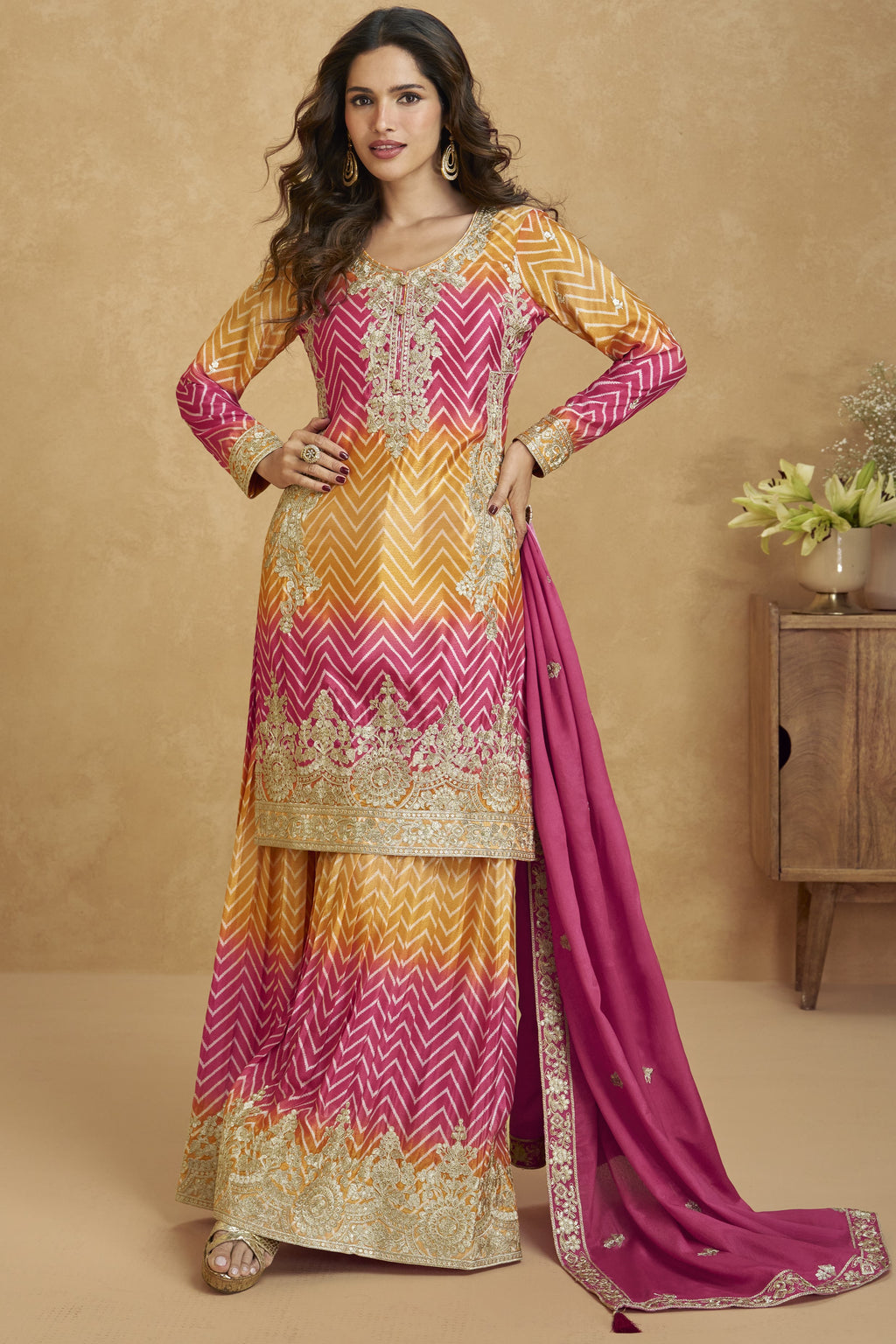 Pink Chinon Silk Palazzo Suit For Indian Wedding & Pakistani Festival - Embroidery Work