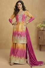 Pink Chinon Silk Dual Color Palazzo Suit For Indian Wedding & Pakistani Festival - Embroidery Work