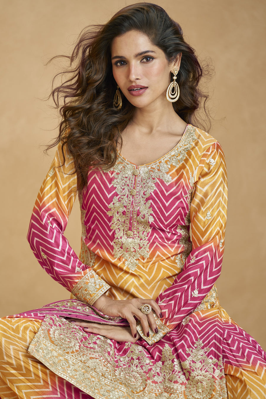 Pink Chinon Silk Palazzo Suit For Indian Wedding & Pakistani Festival - Embroidery Work
