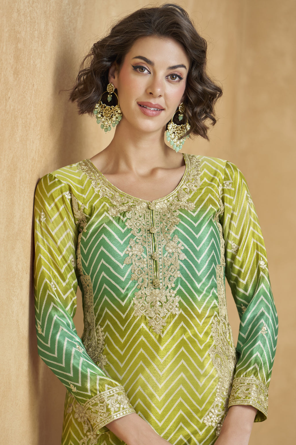 Green Chinon Silk Palazzo Suit For Indian Wedding & Pakistani Festival - Embroidery Work
