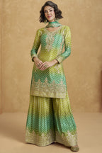 Green Chinon Silk Palazzo Suit For Indian Wedding & Pakistani Festival - Embroidery Work