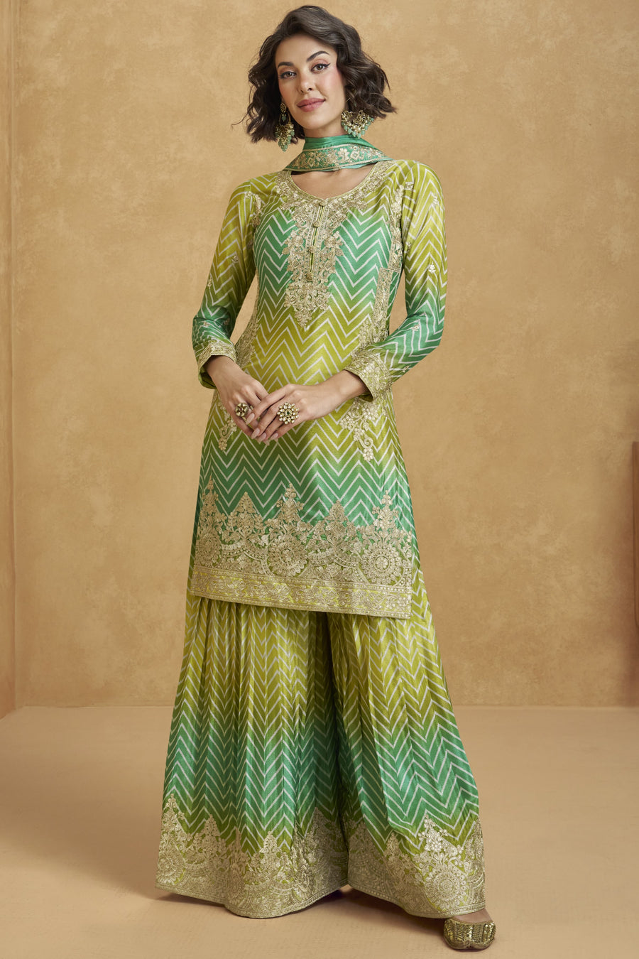Green Chinon Silk Palazzo Suit For Indian Wedding & Pakistani Festival - Embroidery Work