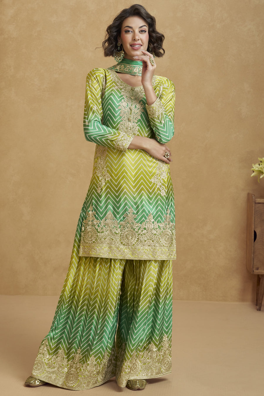 Green Chinon Silk Palazzo Suit For Indian Wedding & Pakistani Festival - Embroidery Work