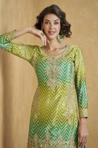 Green Chinon Silk Palazzo Suit For Indian Wedding & Pakistani Festival - Embroidery Work