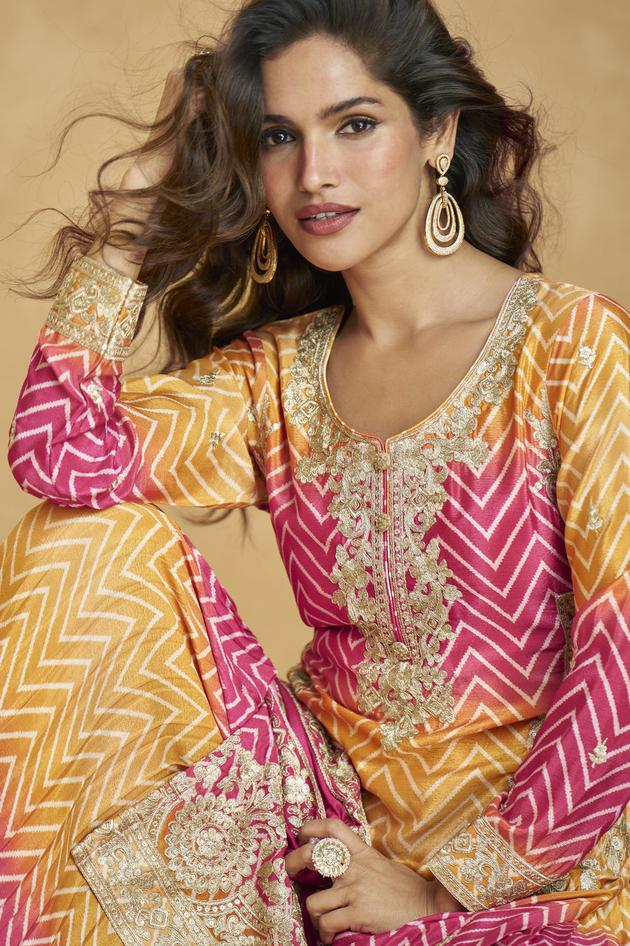 Pink Chinon Silk Palazzo Suit For Indian Wedding & Pakistani Festival - Embroidery Work