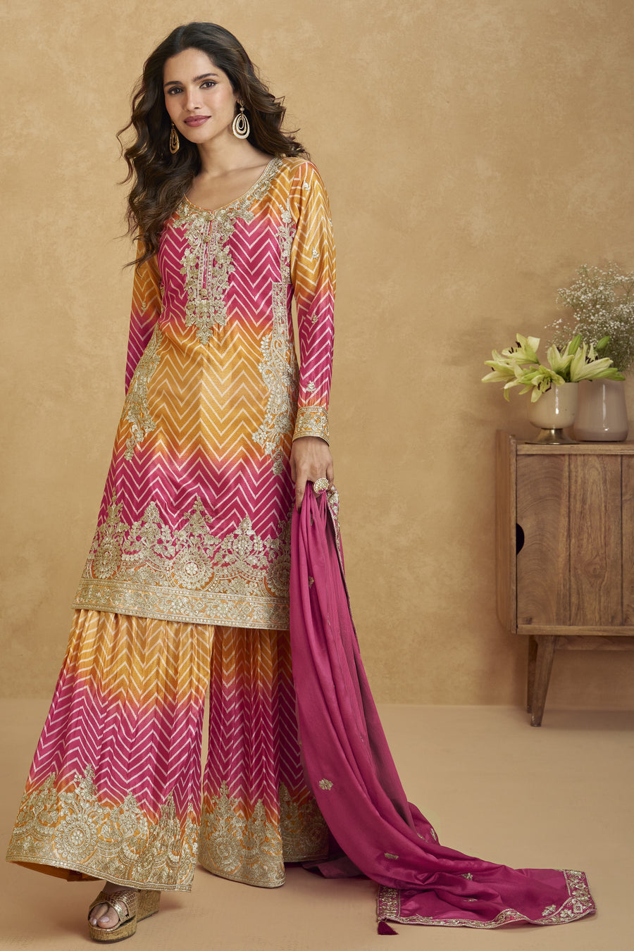 Pink Chinon Silk Palazzo Suit For Indian Wedding & Pakistani Festival - Embroidery Work