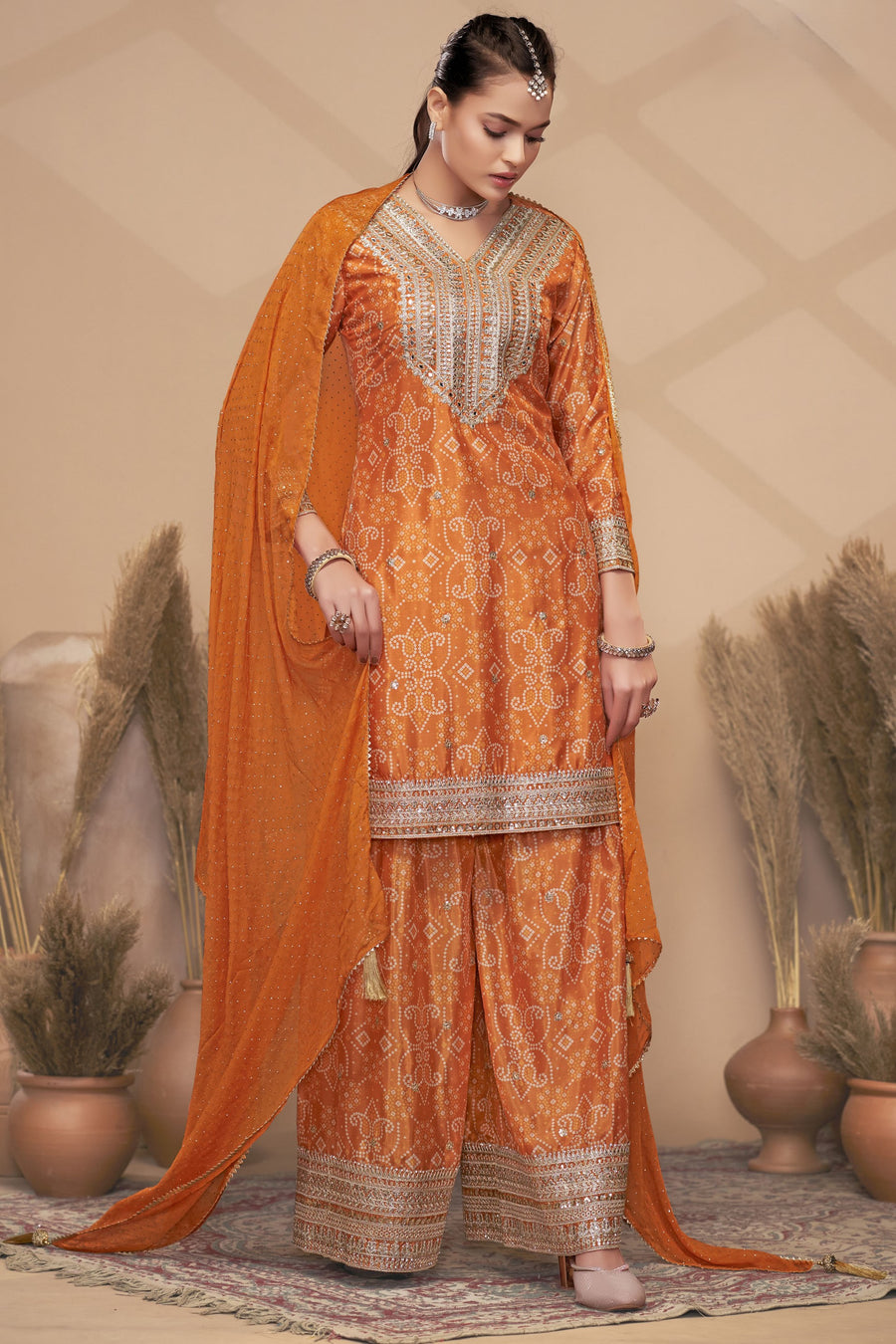 Orange Chinon Silk Palazzo Suit For Indian Wedding & Pakistani Festival - Embroidery Work, Print Work, Mirror Work