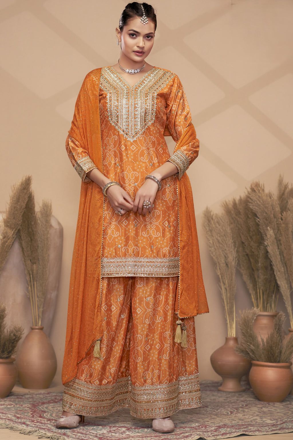 Orange Chinon Silk Palazzo Suit For Indian Wedding & Pakistani Festival - Embroidery Work, Print Work, Mirror Work