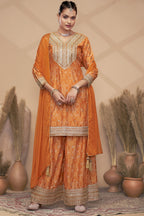 Orange Chinon Silk Palazzo Suit For Indian Wedding & Pakistani Festival - Embroidery Work, Print Work, Mirror Work