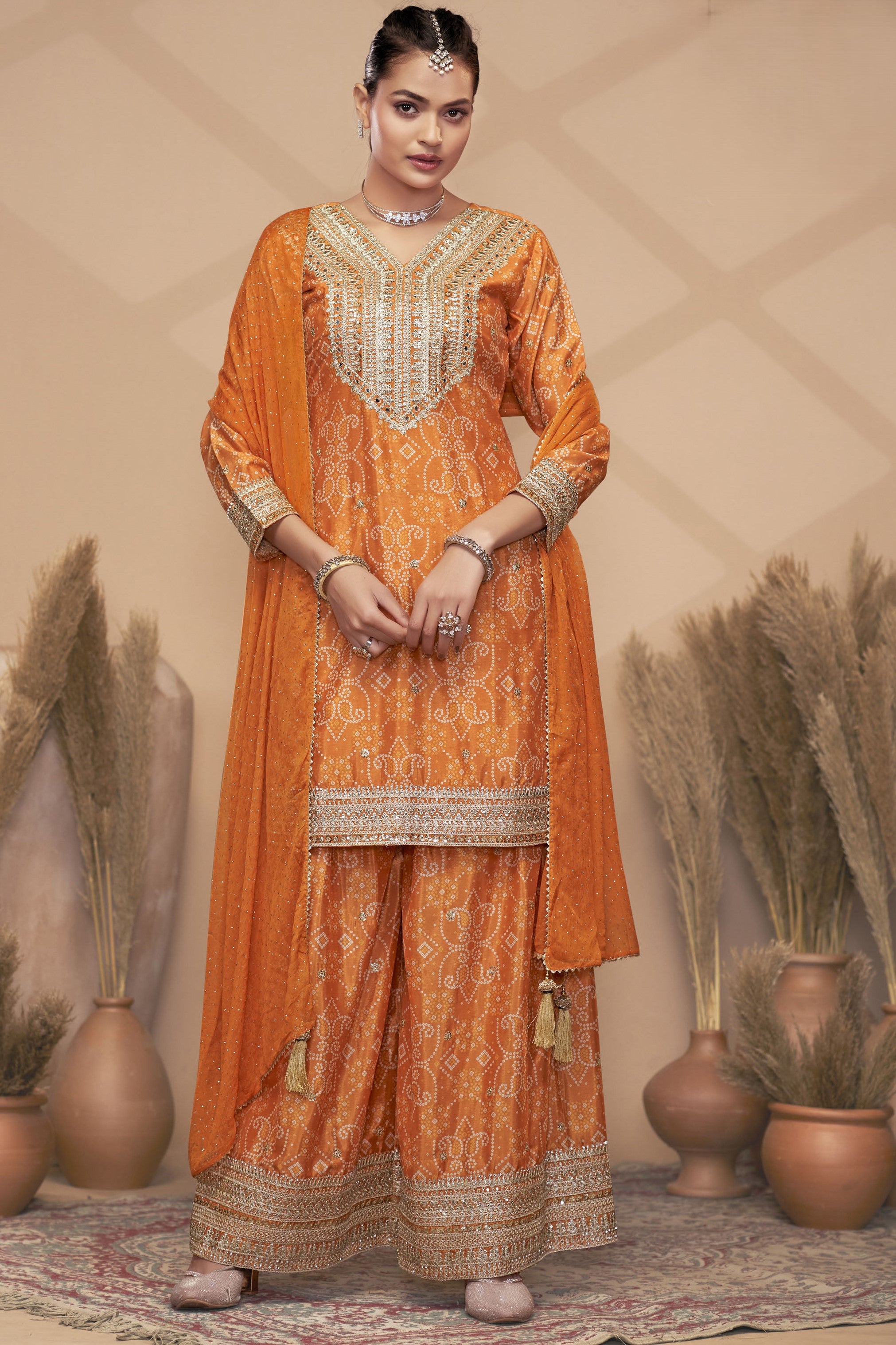 Orange Chinon Silk Palazzo Suit For Indian Wedding & Pakistani Festival - Embroidery Work, Print Work, Mirror Work