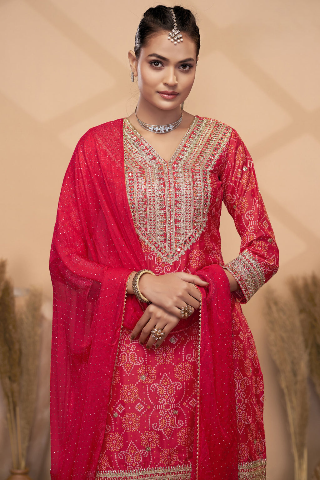 Red Chinon Silk Palazzo Suit For Indian Wedding & Pakistani Festival - Embroidery Work, Print Work, Mirror Work
