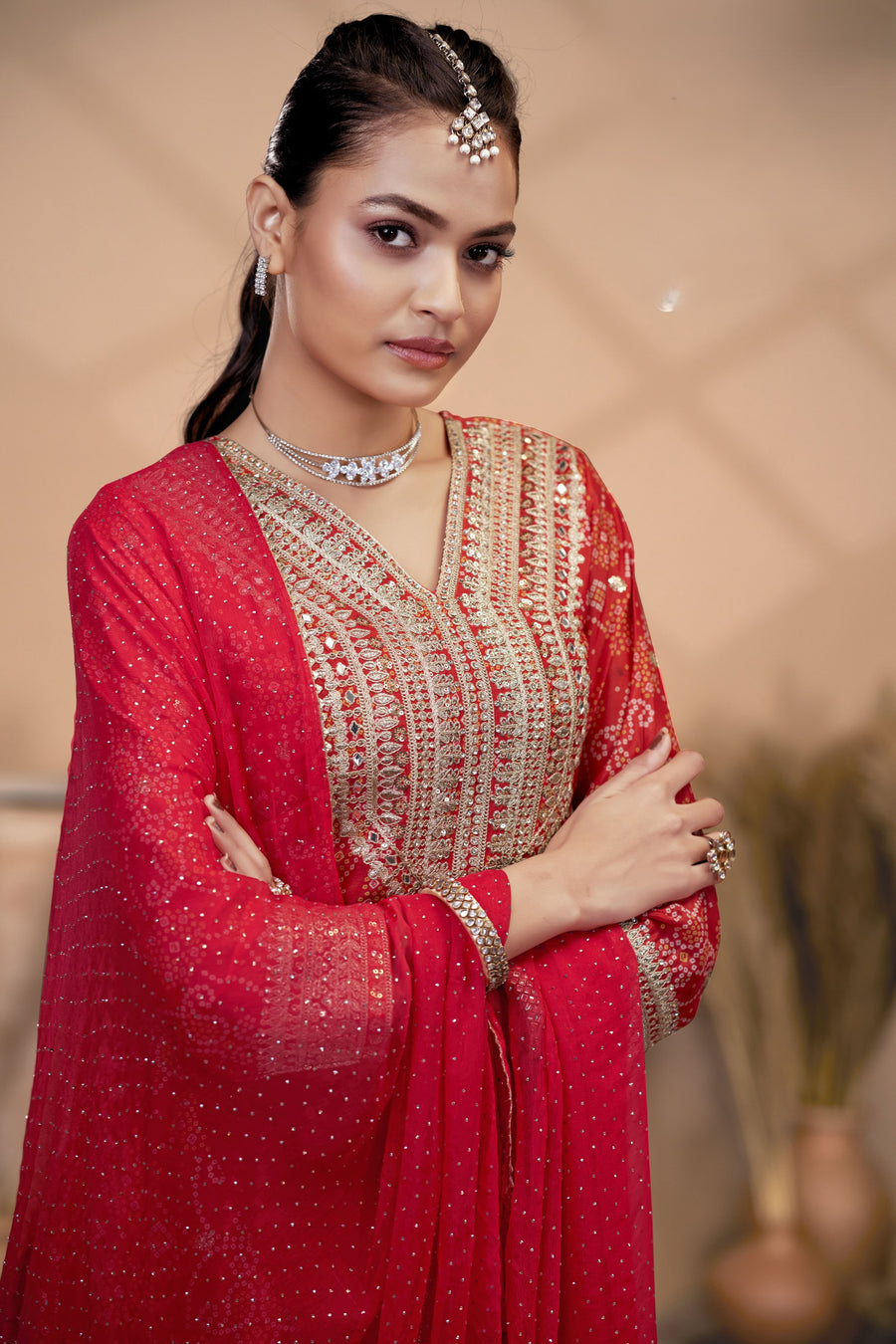 Red Chinon Silk Palazzo Suit For Indian Wedding & Pakistani Festival - Embroidery Work, Print Work, Mirror Work