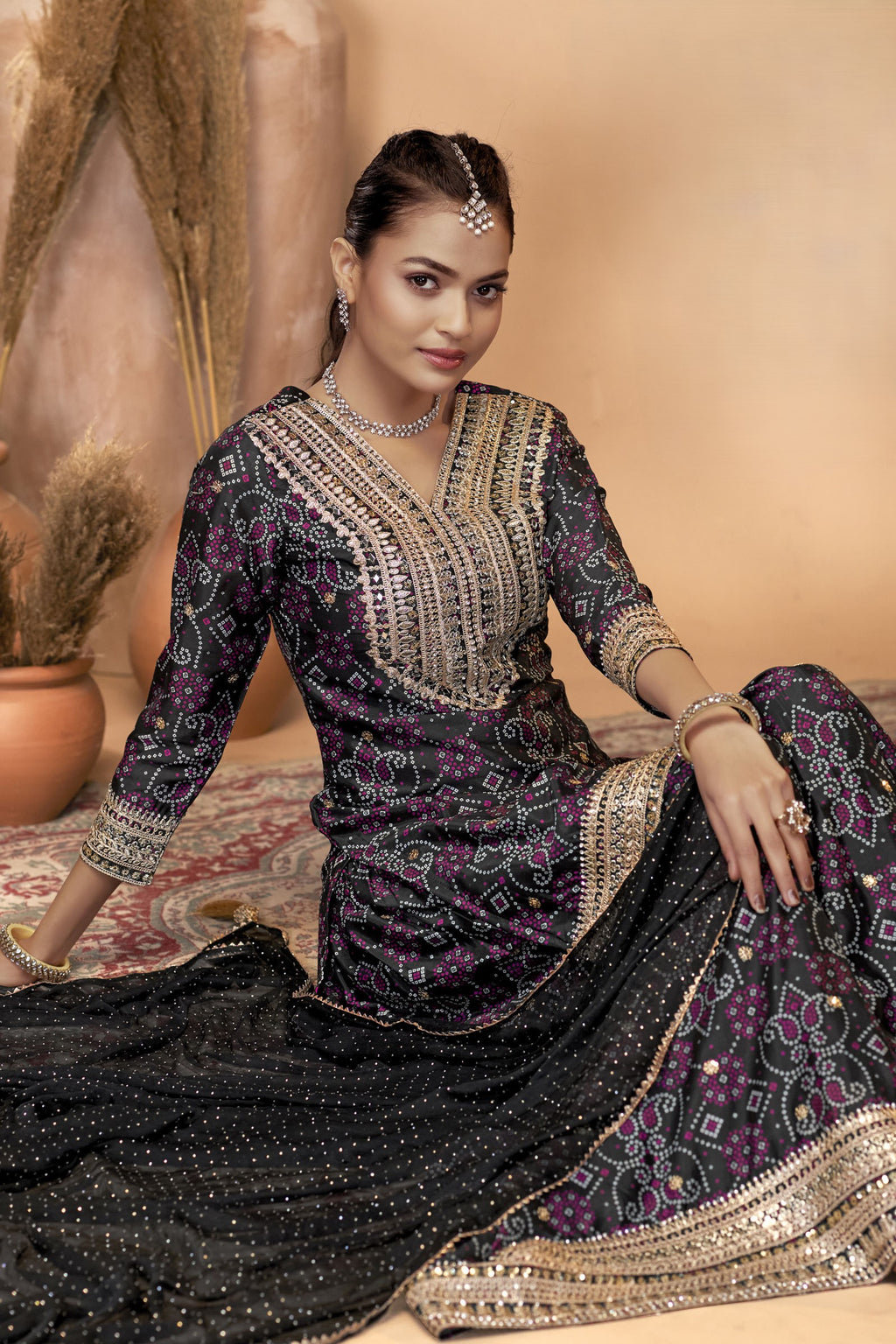 Black Chinon Silk Palazzo Suit For Indian Wedding & Pakistani Festival - Embroidery Work, Print Work, Mirror Work