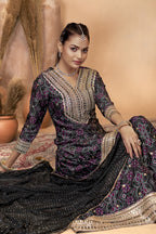 Black Chinon Silk Palazzo Suit For Indian Wedding & Pakistani Festival - Embroidery Work, Print Work, Mirror Work