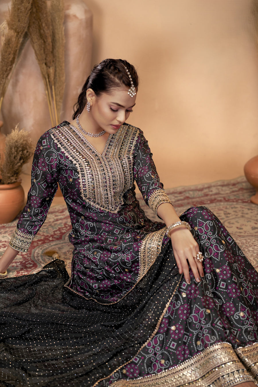 Black Chinon Silk Palazzo Suit For Indian Wedding & Pakistani Festival - Embroidery Work, Print Work, Mirror Work