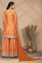 Orange Chinon Silk Palazzo Suit For Indian Wedding & Pakistani Festival - Embroidery Work, Print Work, Mirror Work