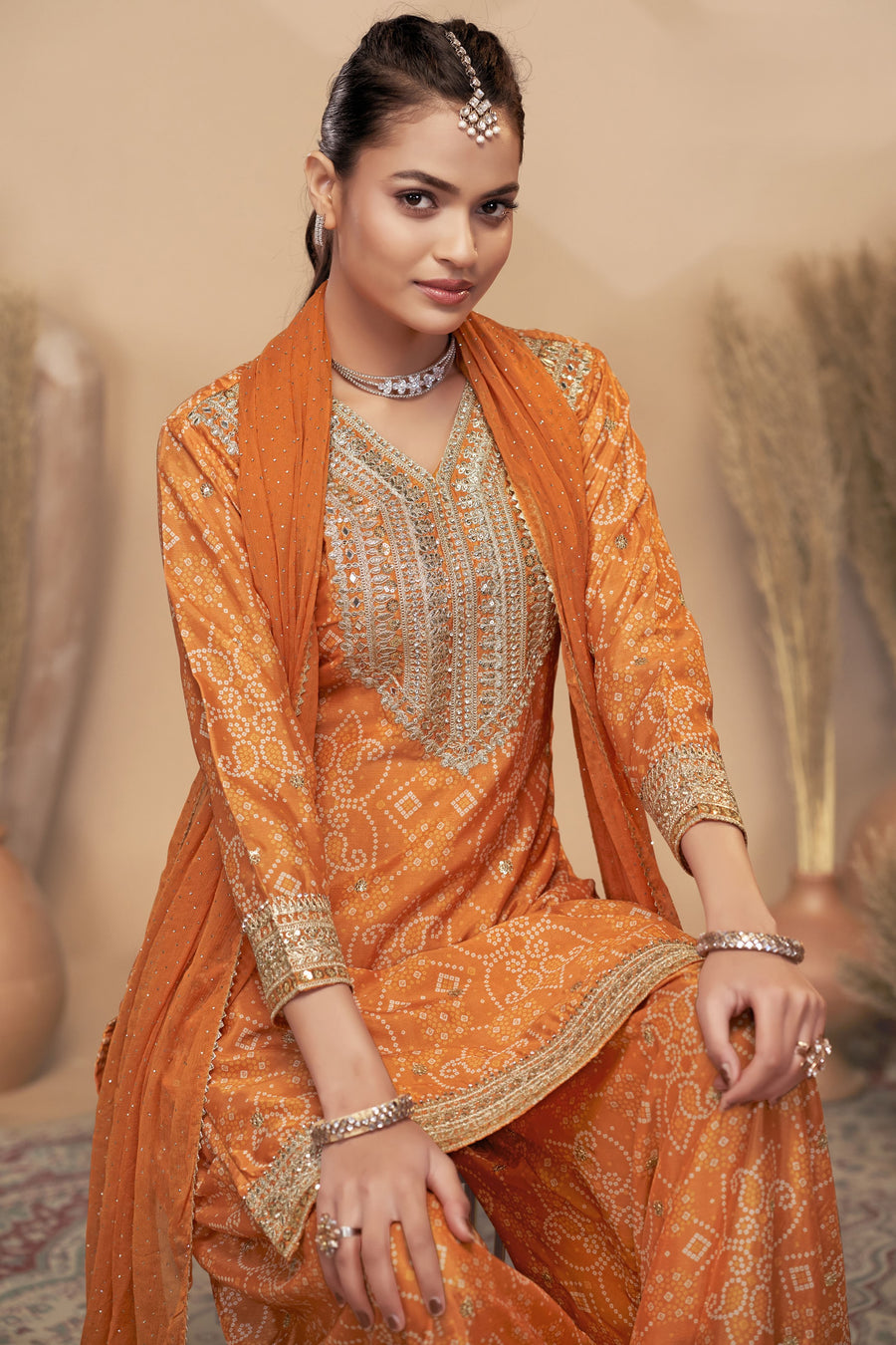 Orange Chinon Silk Palazzo Suit For Indian Wedding & Pakistani Festival - Embroidery Work, Print Work, Mirror Work