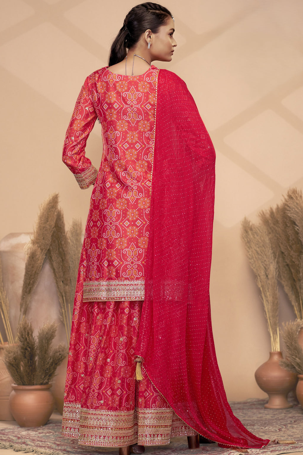 Red Chinon Silk Palazzo Suit For Indian Wedding & Pakistani Festival - Embroidery Work, Print Work, Mirror Work