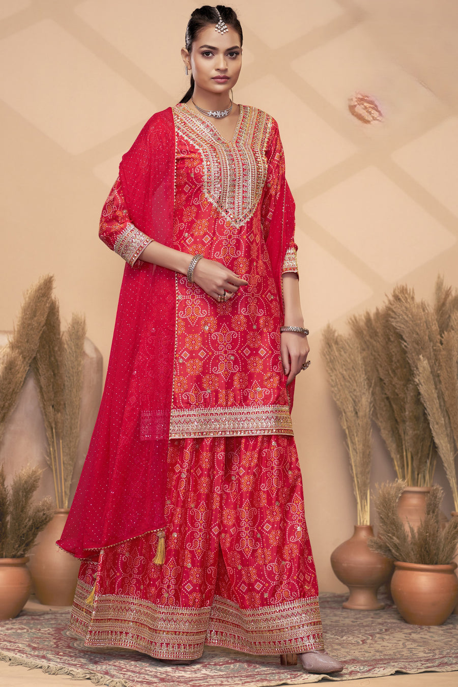 Red Chinon Silk Palazzo Suit For Indian Wedding & Pakistani Festival - Embroidery Work, Print Work, Mirror Work