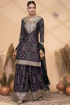 Black Chinon Silk Palazzo Suit For Indian Wedding & Pakistani Festival - Embroidery Work, Print Work, Mirror Work